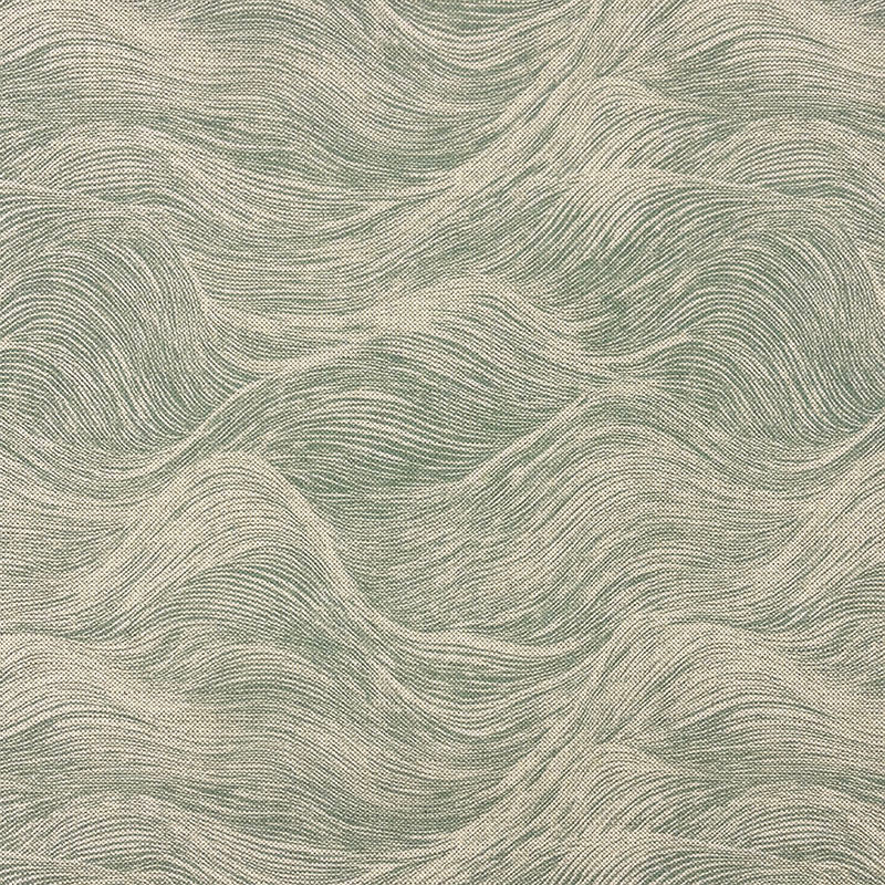 Wave style upholstery fabric flat view in green coastal tones with flowing abstract pattern