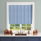 Salem Stripe Blue fabric shown as a Roman blind for a calm blue and white window scheme