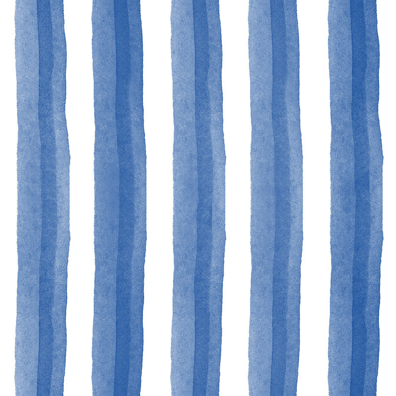 Salem Stripe Blue washable curtain fabric with softly painted blue vertical bands on a fresh white ground