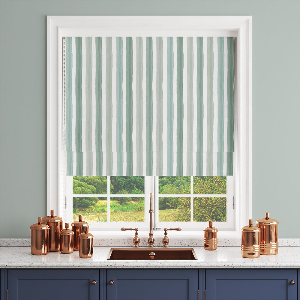 Salem Stripe Duck Egg washable fabric made into a Roman blind for a light coastal interior
