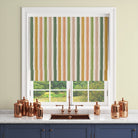 Salem Stripe Meadow fabric shown as a green Roman blind in a relaxed country room