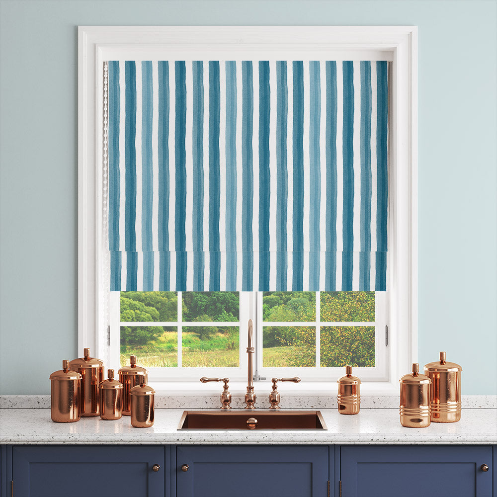 Salem Stripe Teal washable fabric shown as a Roman blind for a bold blue-green interior