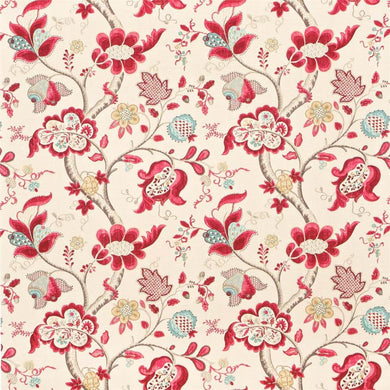 Sanderson Berry Slate floral curtain fabric with vibrant red, blue, and cream design.