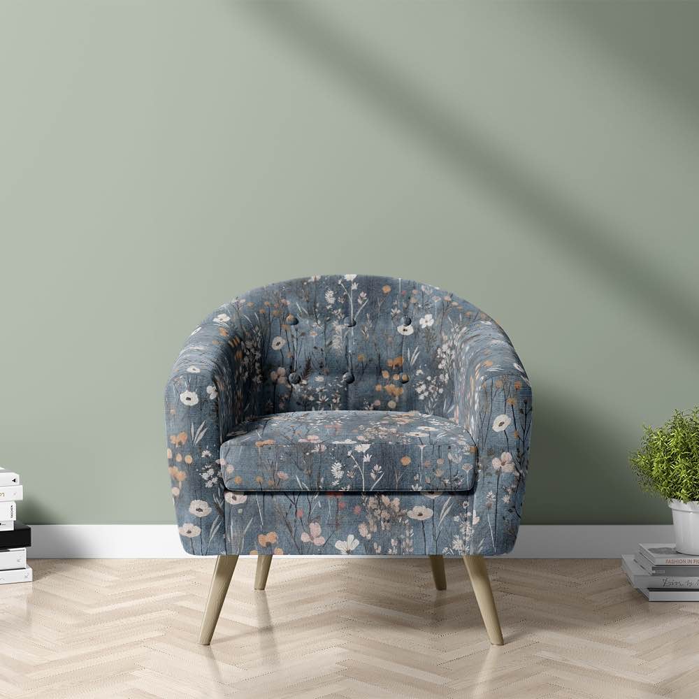 Savanna Indigo Velvet Fabric – indigo velvet floral fabric on chair, styled for interior use