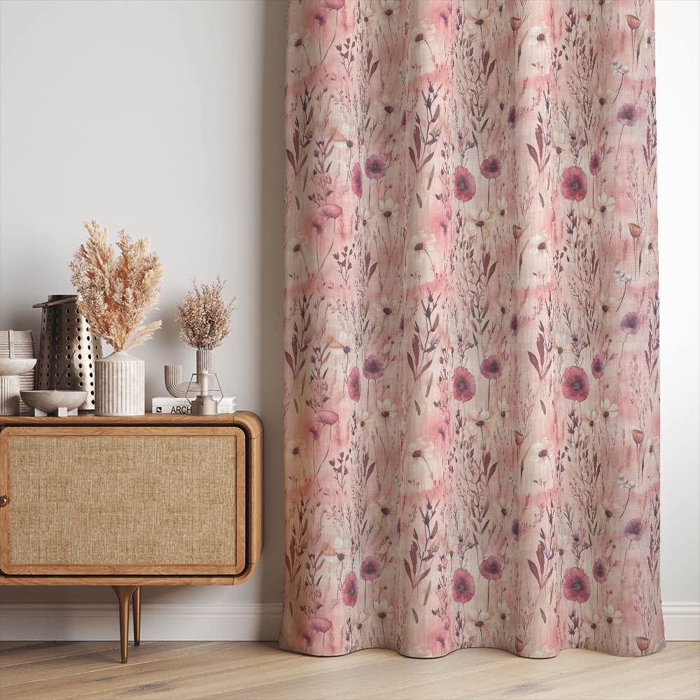 Savanna Pink Velvet Fabric – pink floral velvet fabric used for curtains in styled room