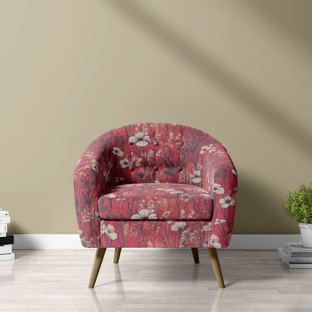 Savanna Red Velvet Fabric – red floral velvet fabric shown on armchair for upholstery inspiration