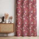 Savanna Red Velvet Fabric – red floral velvet curtain fabric styled in window setting