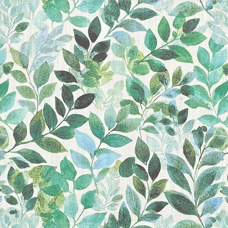 Savannah Leaf Linen Curtain Fabric in Green – Green and pale blue leaf pattern close-up