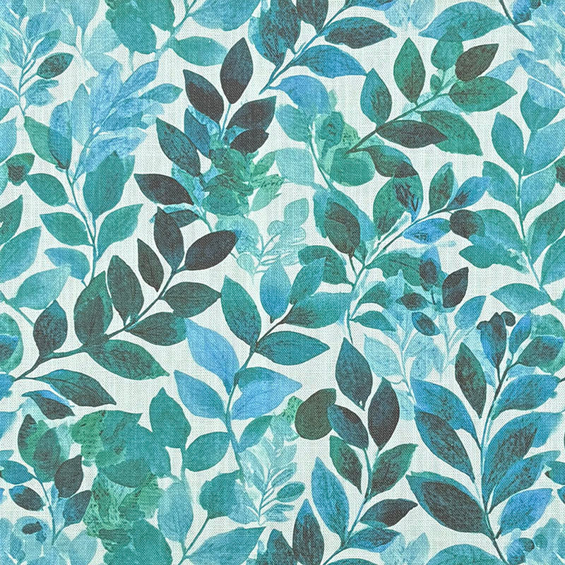 Savannah Leaf Linen Curtain Fabric in Teal – Teal and turquoise leaf design on white background