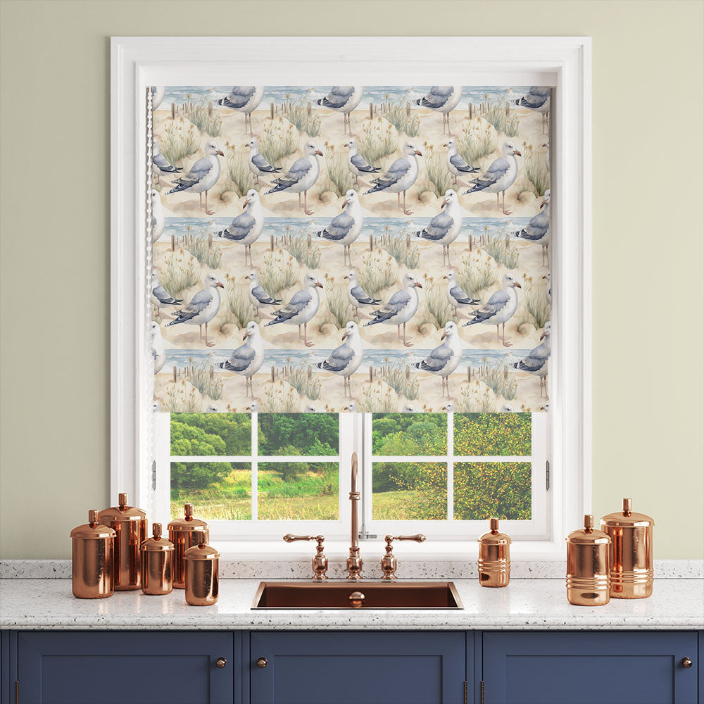 sand coastal curtain fabric with seagull pattern shown as roman blind in kitchen window interior