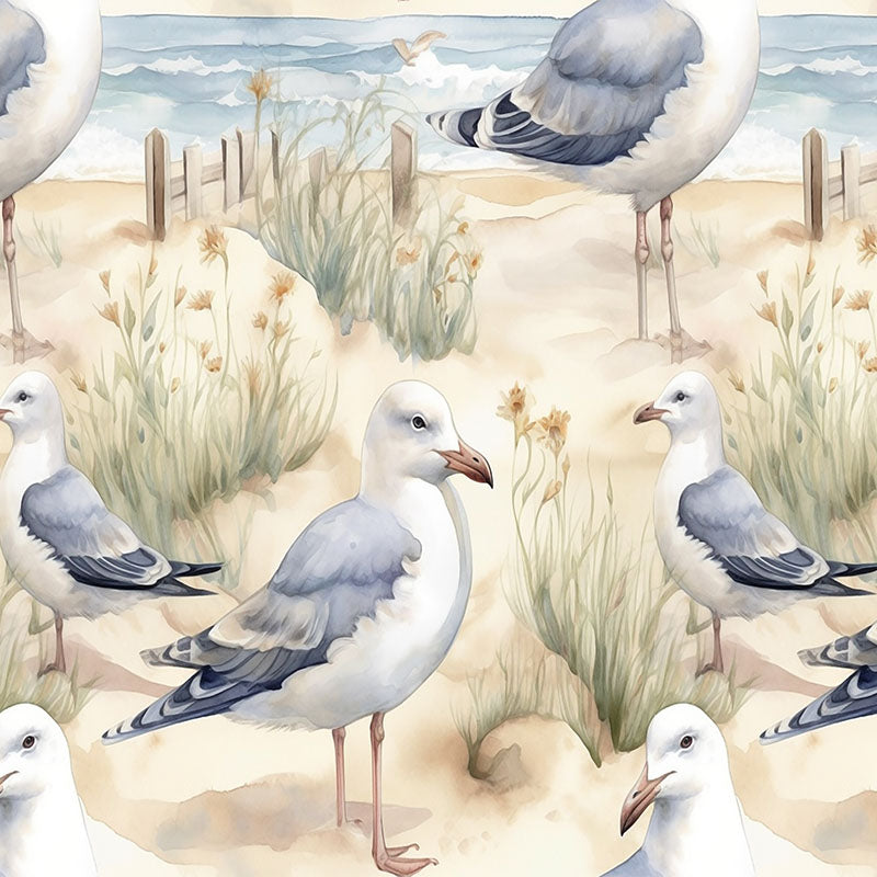 sand seagull curtain fabric printed on cotton with coastal beach scene and bird illustration detail