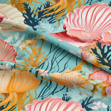 Seychells Linen Curtain Fabric - Coral/Blue