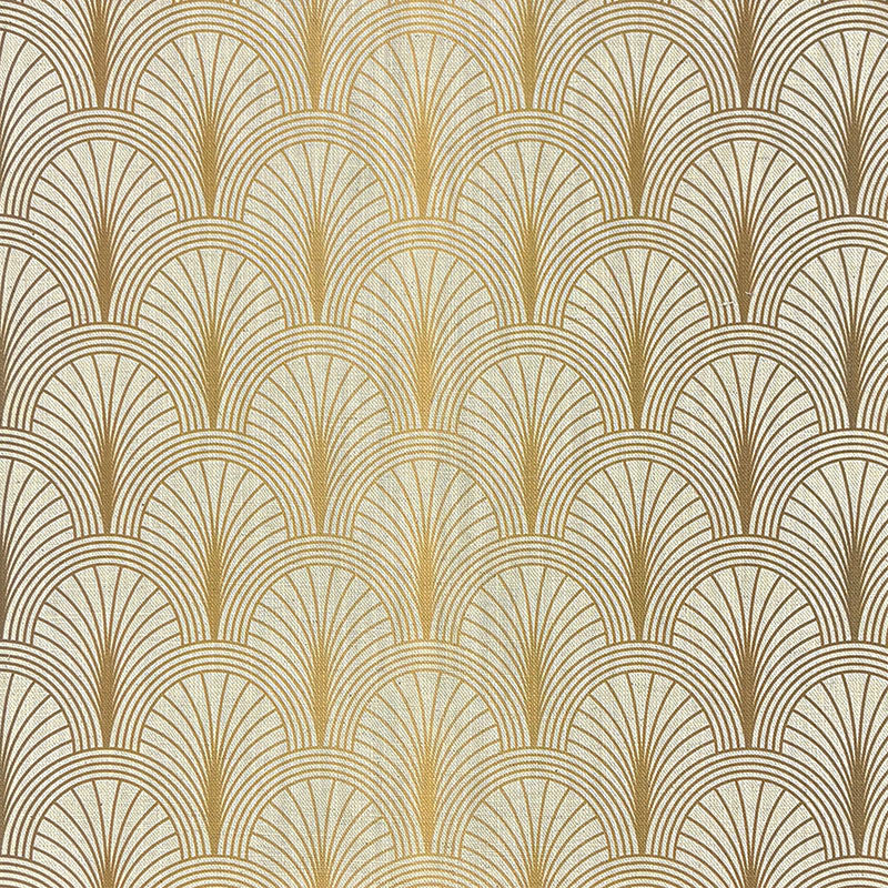 Shellwick Golden art deco linen curtain fabric flat image with decorative geometric fan design