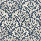 Sherwood Leaf Navy velvet upholstery fabric with deep blue background and elegant leaf print