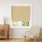 Sherwood Leaf Ochre velvet fabric used for curtains, with golden botanical leaves and velvet texture