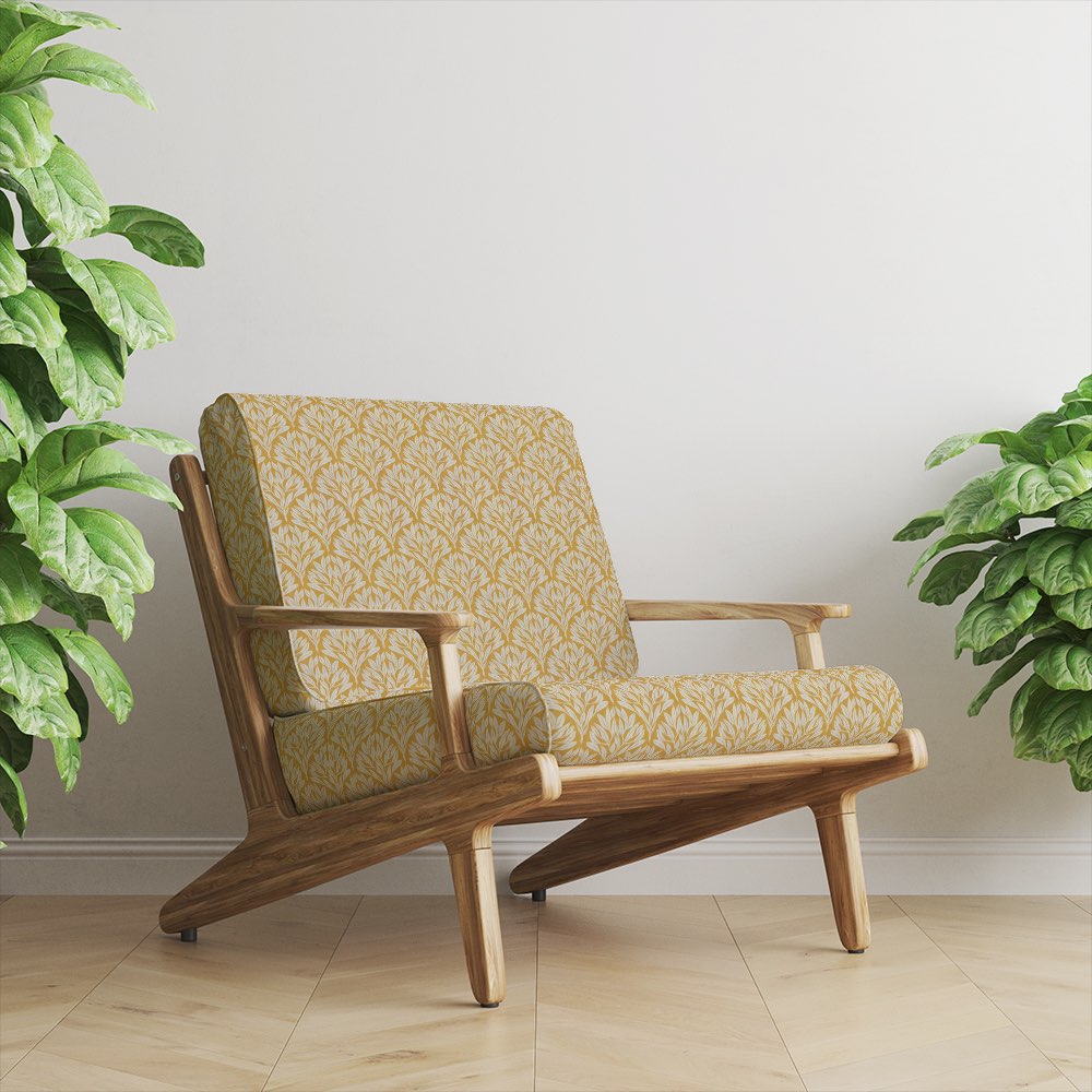 Feature chair in Sherwood Leaf Ochre velvet fabric with mustard yellow leaf pattern