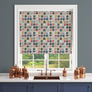 Edgy multicoloured curtain fabric blind featuring a modern square design.