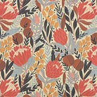     floral curtain fabric with terracotta and blue botanical pattern printed on linen blend