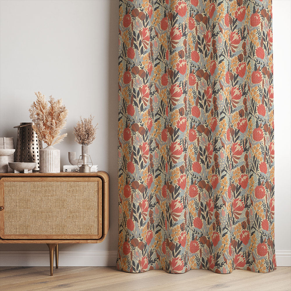     floral curtain fabric with warm botanical design used as linen curtains in living room