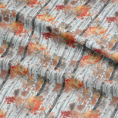Silver Birch Flame - Autumnal Tree Printed Curtain Fabric For Sale