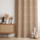 Multicoloured linen curtain fabric with feather pattern in soft natural interior setting