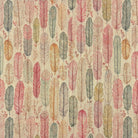 Sketched feather multicoloured fabric design in coral, green, ochre, and pink on linen base