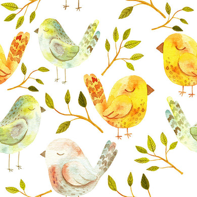 Sleeping Birds Gold - Bird Patterned Cotton Fabric