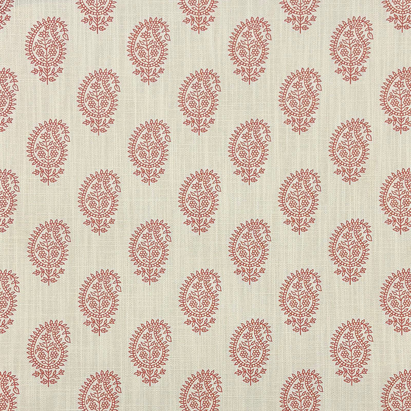Henna red paisley linen curtain fabric with a small traditional buta pattern