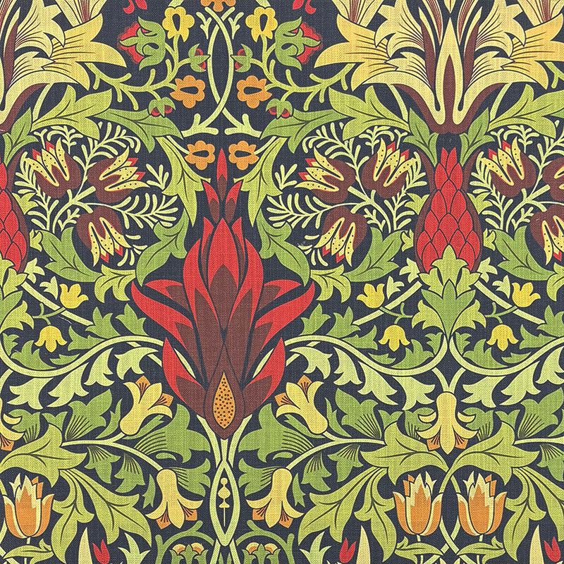 Snakeshead Forest William Morris style curtain fabric flat image, printed linen blend fabric by the metre for curtains and Roman blinds