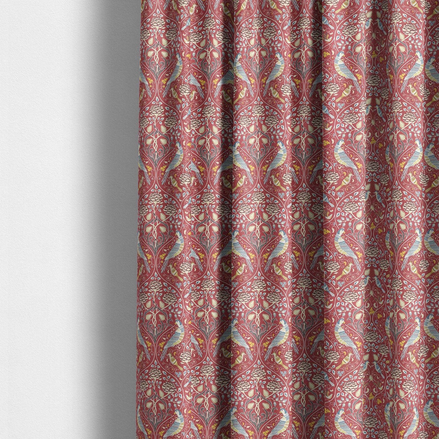 william morris curtain fabric with bird and botanical design used as red linen curtains in interior setting