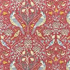 william morris curtain fabric with birds and floral arts and crafts pattern in red printed linen