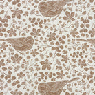 Sparrow bird linen curtain fabric flat image in natural brown with leaves and seed heads