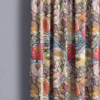 Colorful stained glass upholstery fabric with intricate patterns and vibrant hues