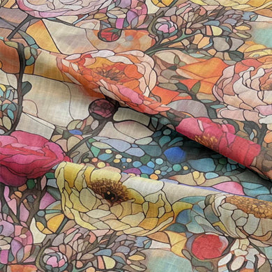 Vibrant and colorful stained glass fabric with intricate designs and textures