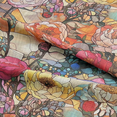 Colorful and vibrant stained glass-inspired upholstery fabric perfect for adding a unique and artistic touch to any furniture piece