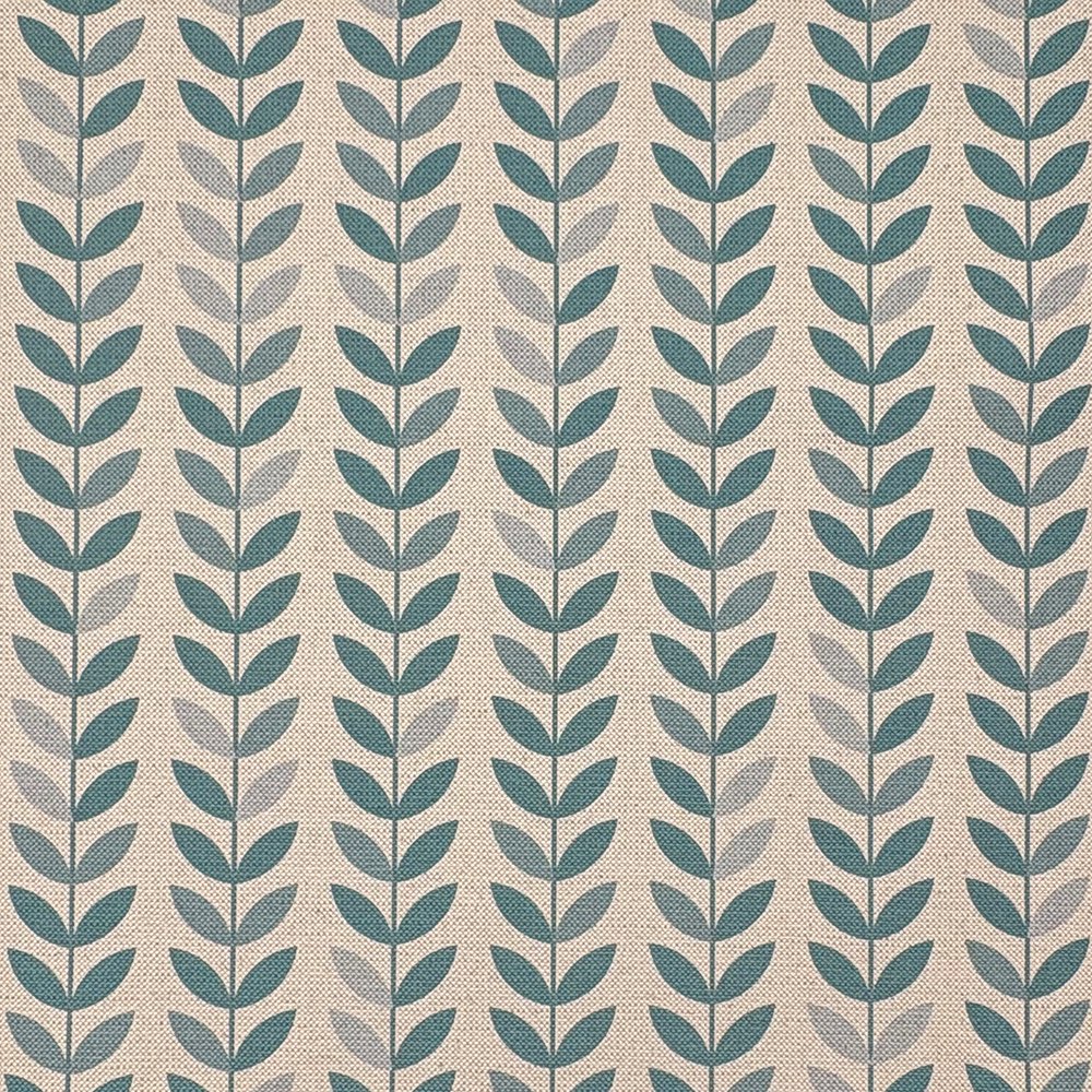 Stockholm Leaf Teal upholstery fabric – vibrant printed fabric for sofas and chairs.