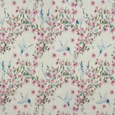 Stork Pink Linen Union – decorative bird print fabric for blinds and cushions