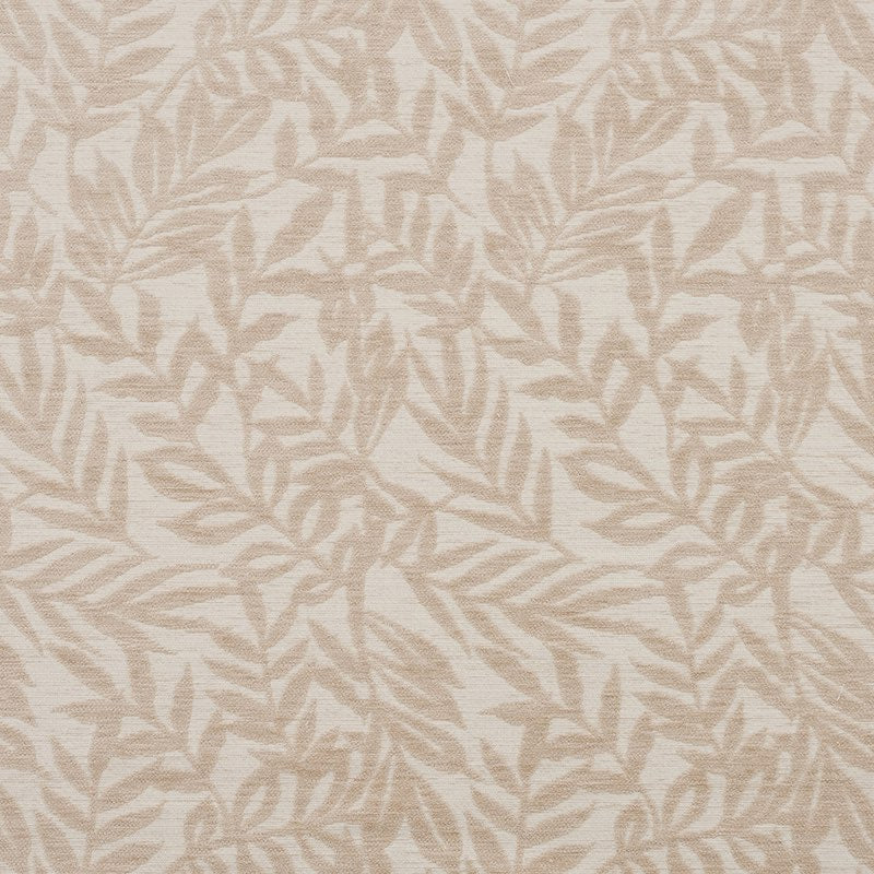 Flat swatch of Stratford Biscuit leaf design upholstery fabric in warm beige tone
