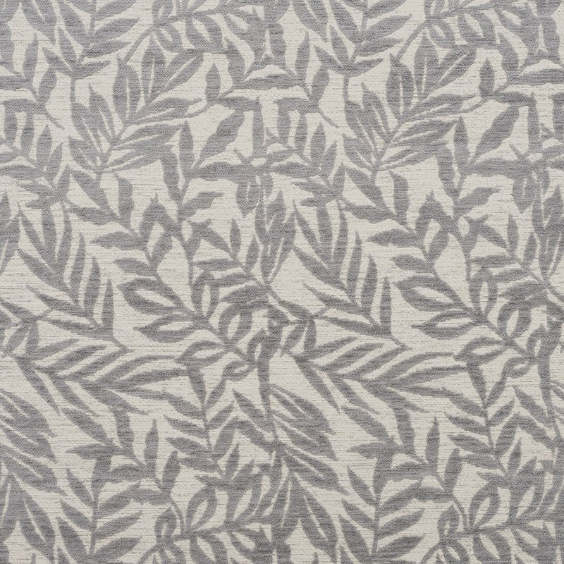 Flat swatch of Stratford Dove leaf design upholstery fabric in soft grey woven finish