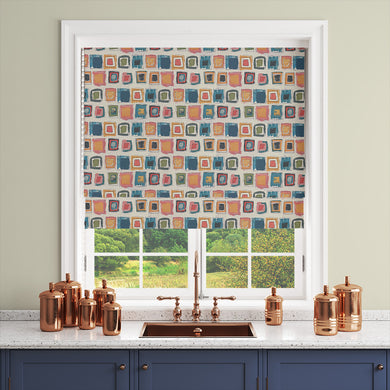 Bold multicoloured curtain fabric blind with a modern, textured look.