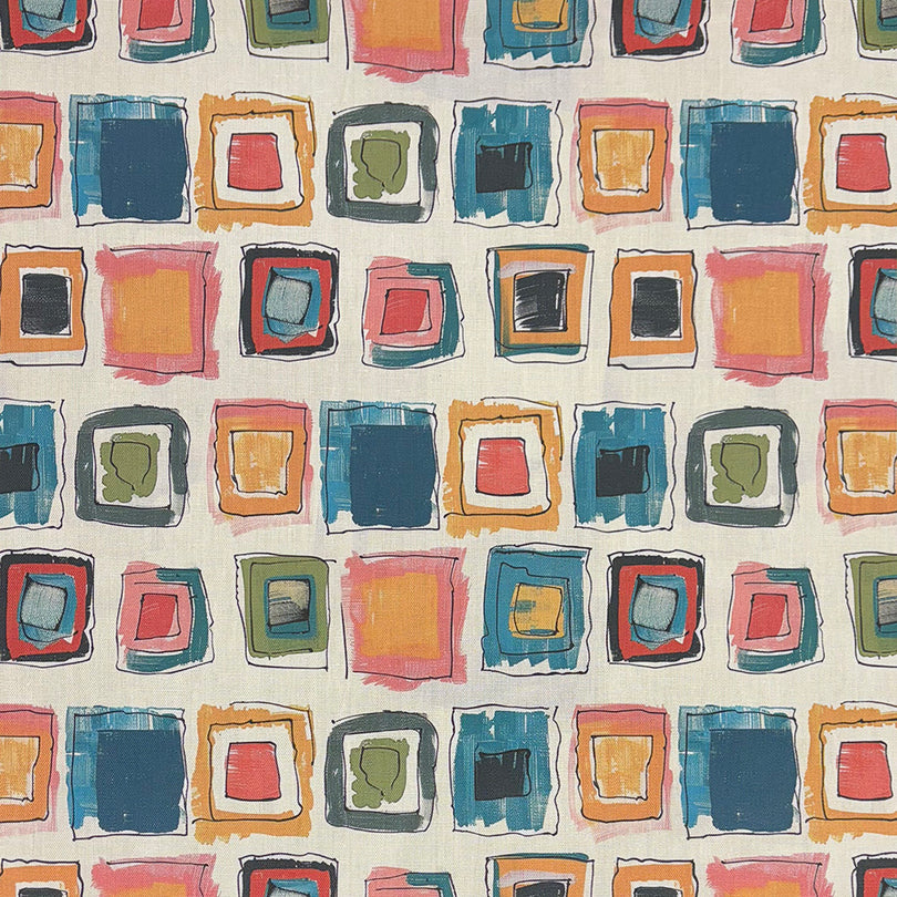 Multicoloured cotton fabric featuring expressive painted squares for curtains.