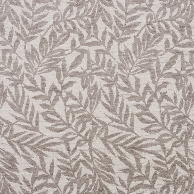 Flat swatch of Stratford Mushroom leaf design upholstery fabric in warm taupe grey