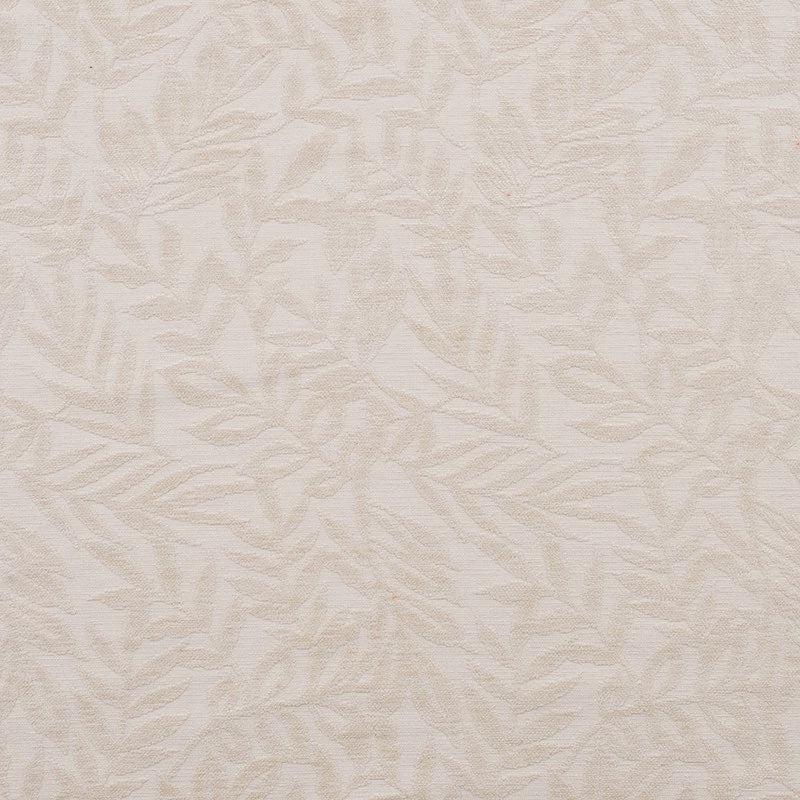 Flat swatch of Stratford Natural leaf design upholstery fabric in light neutral cream