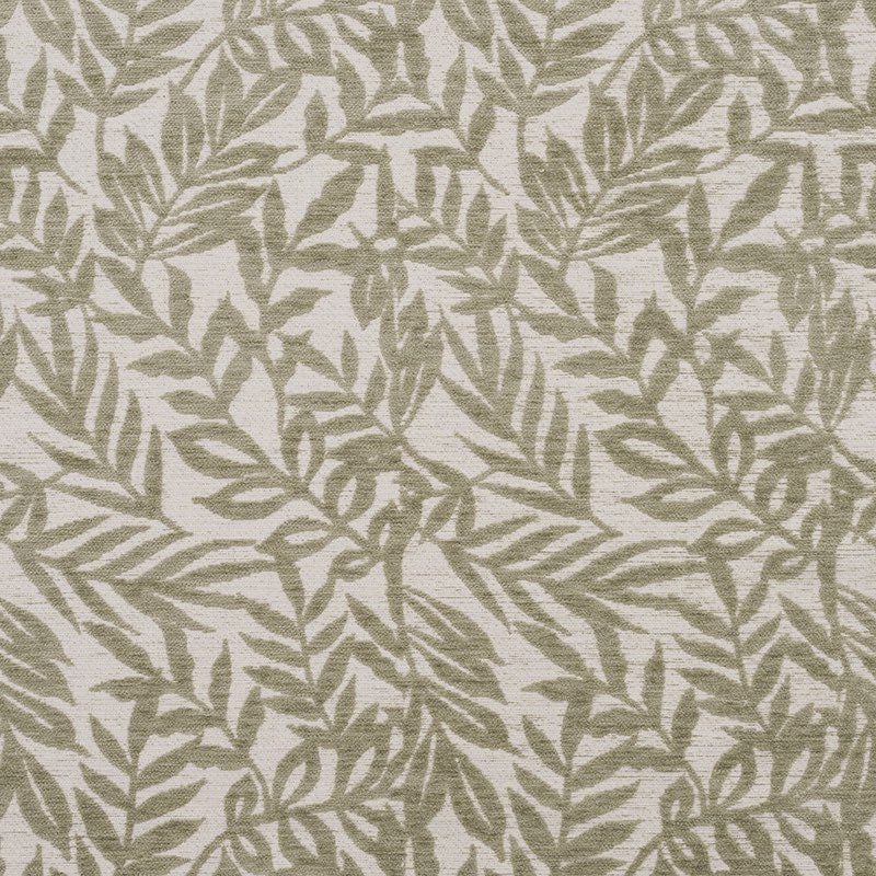 Flat swatch of Stratford Sage leaf design upholstery fabric in muted green tone