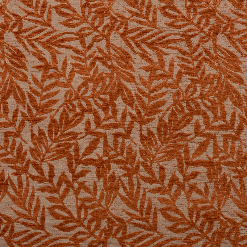 Flat swatch of Stratford Terracotta leaf design upholstery fabric in bold rust orange