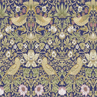 Blue William Morris Strawberry Thief velvet upholstery fabric with birds, strawberries and scrolling foliage