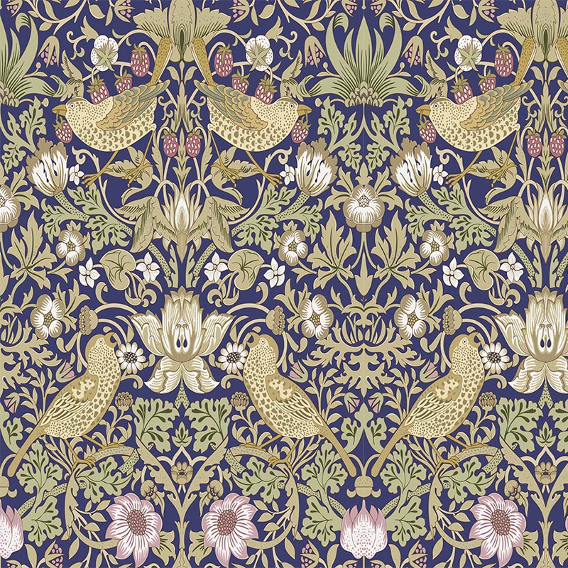 Blue William Morris Strawberry Thief velvet upholstery fabric with birds, strawberries and scrolling foliage