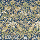 Cobalt blue Strawberry Thief printed velvet fabric showing William Morris birds and berry detail