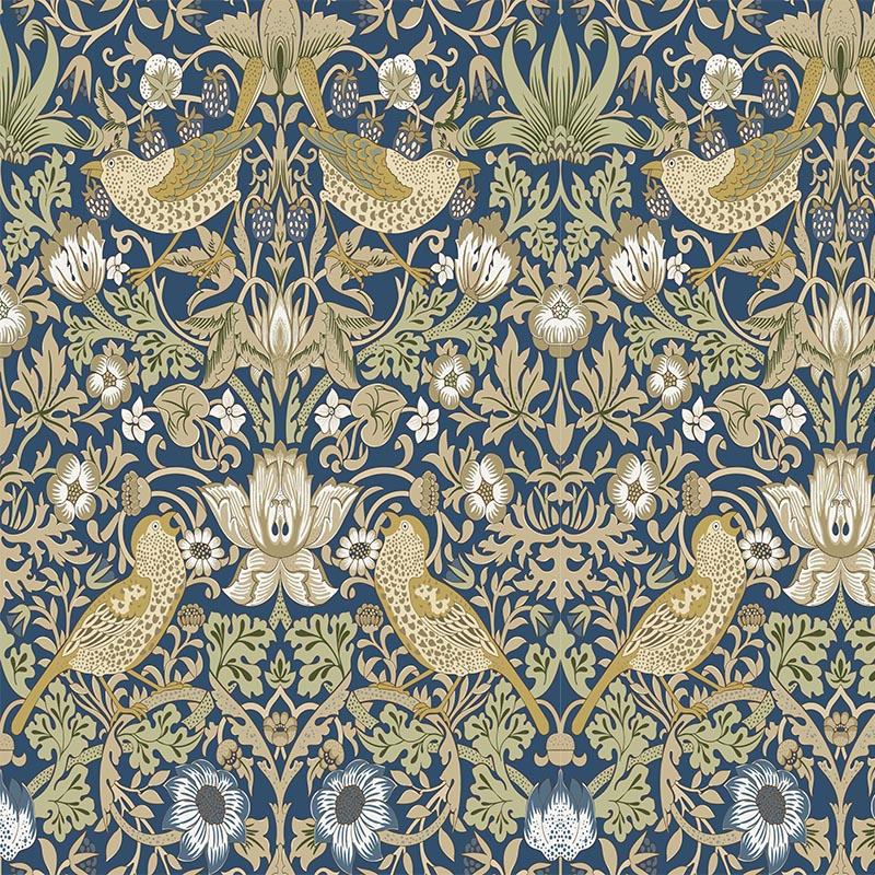 Cobalt blue Strawberry Thief printed velvet fabric showing William Morris birds and berry detail