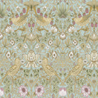Duck egg Strawberry Thief velvet upholstery fabric with soft blue birds, leaves and fruit